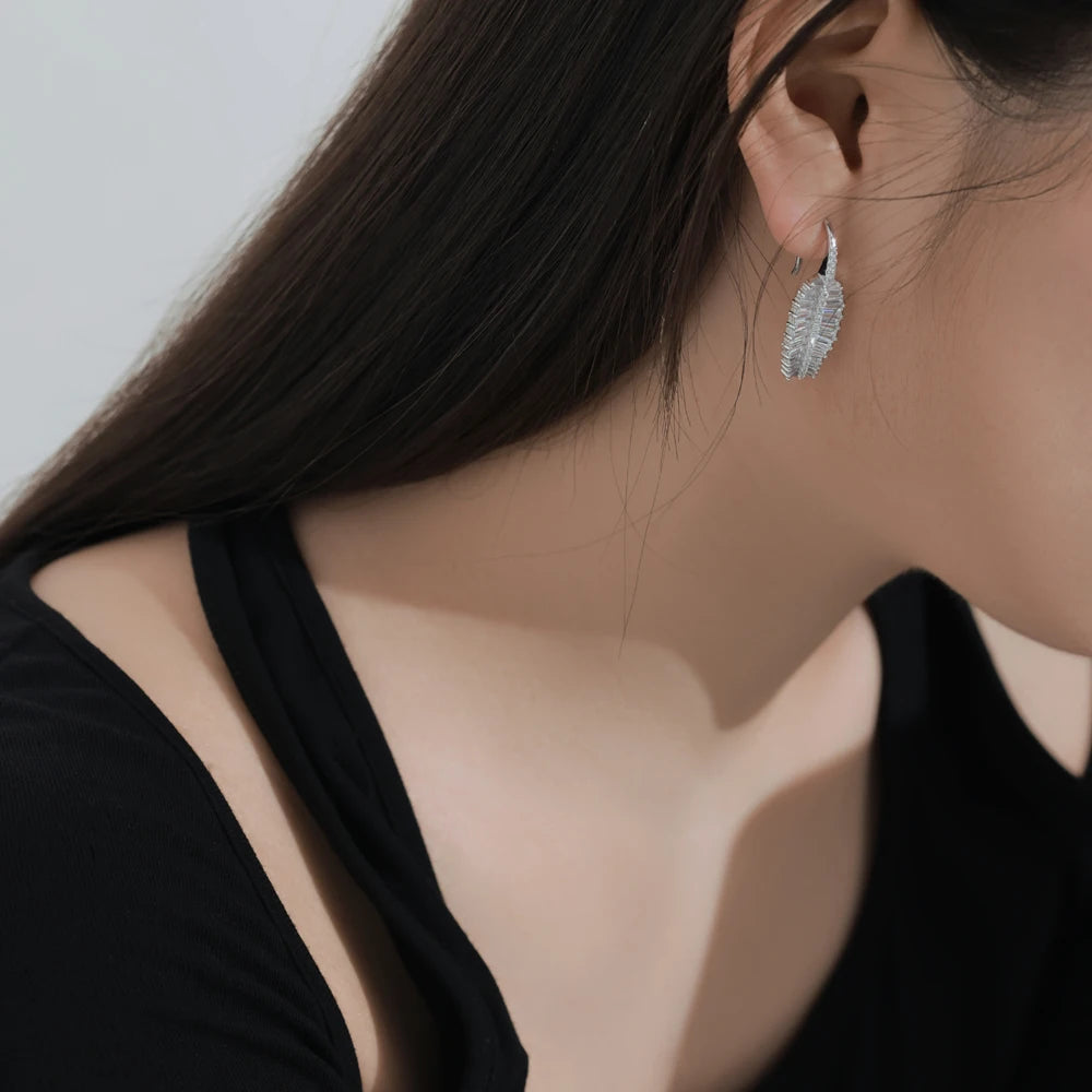 Silver Zircon Emerald Cut Iced Leaf Drop Earrings