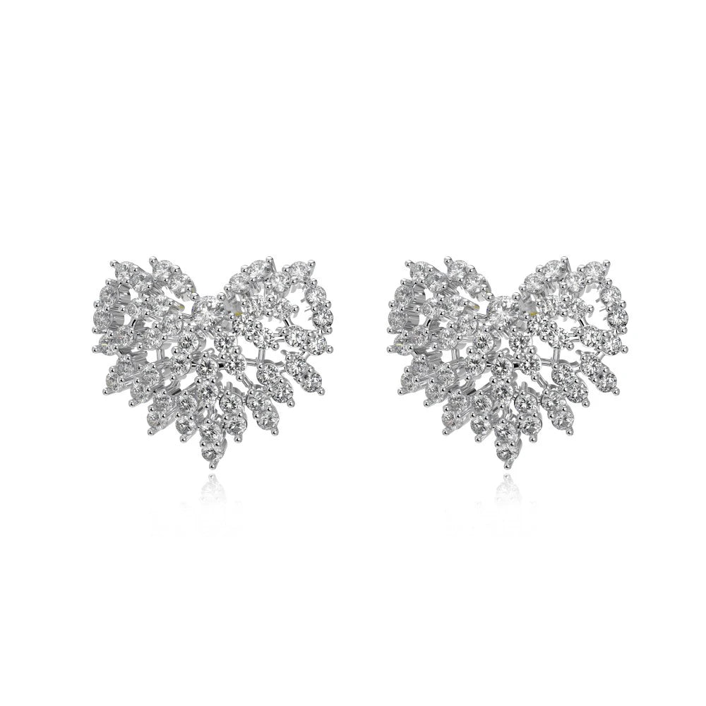 Silver Zircon Round Cut Spiked Heart Ear Studs
