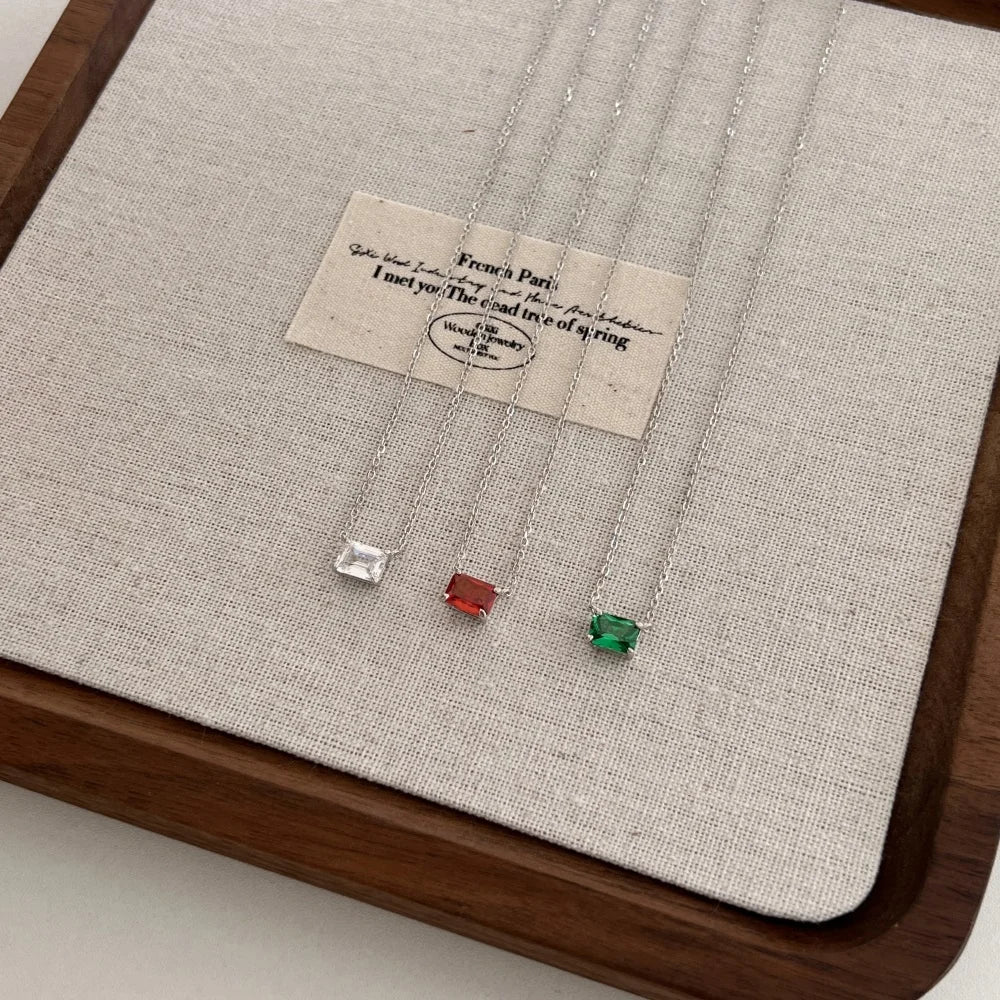 Silver Zircon Emerald Cut Single Pendant Necklace