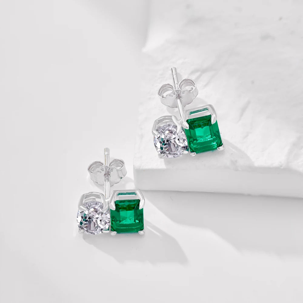 Silver Zircon Emerald Cut Multi Shape Ear Studs