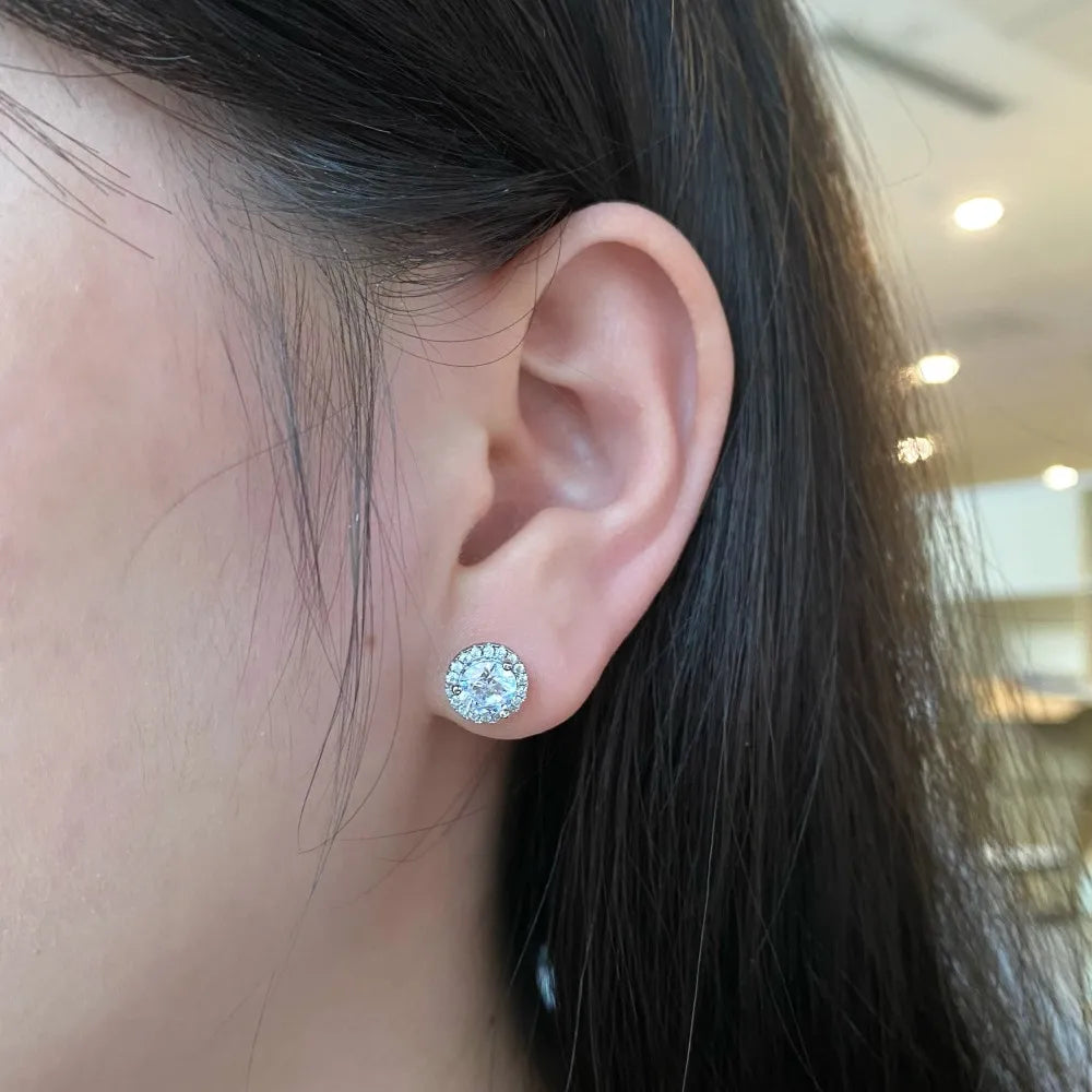 Silver Zircon Round Cut Halo Ear Studs