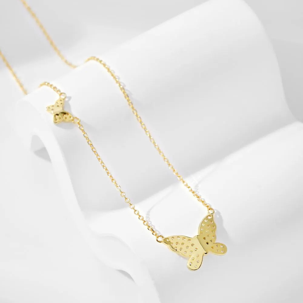 Silver Zircon Round Cut Butterfly Pendant Necklace