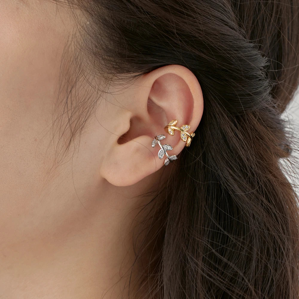 Silver Zircon Round Cut Leaf Ear Cuffs