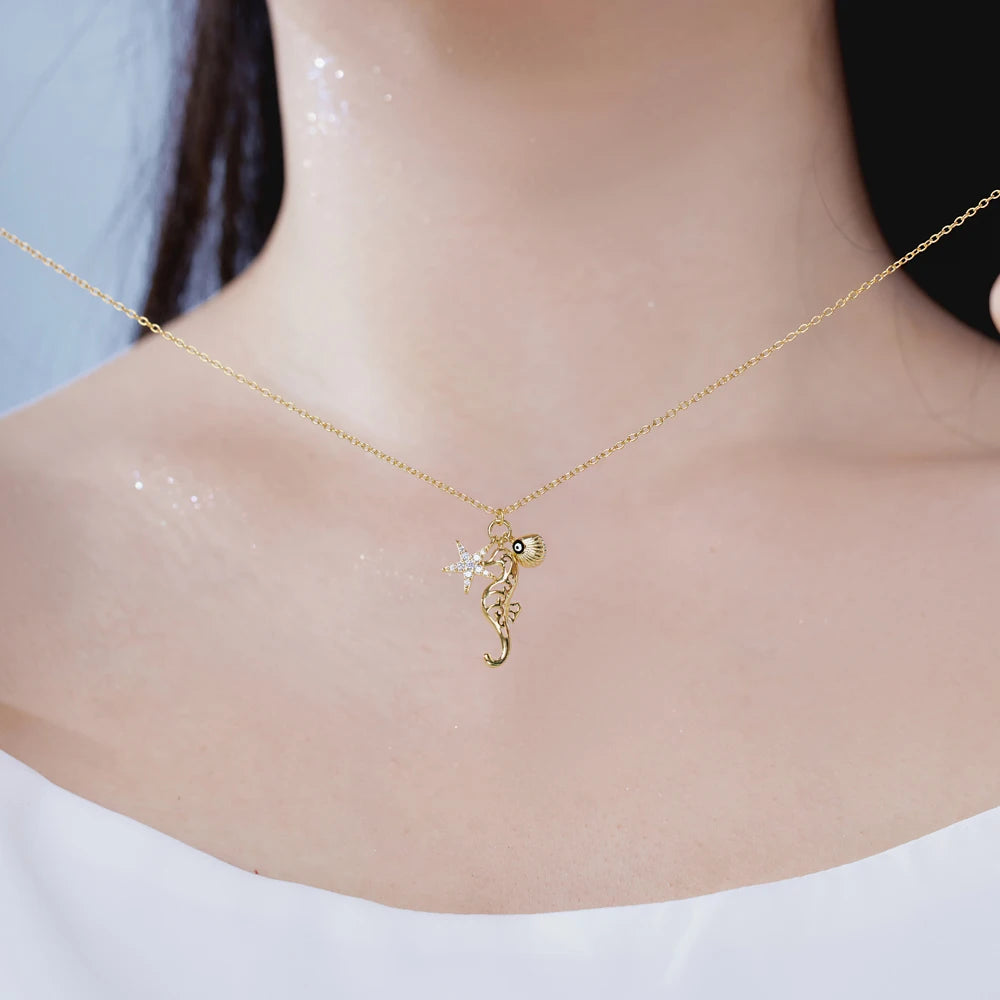 Silver Zircon Round Cut Seahorse Pendant Necklace