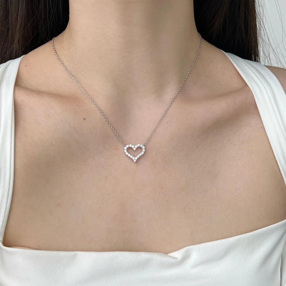 Silver Zircon Round Cut Big Inlaid Halo Heart Pendant Necklace