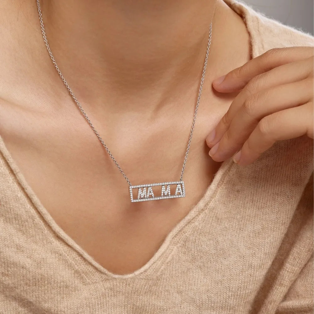 Silver Zircon Round Cut Inlaid Mama Bar Necklace