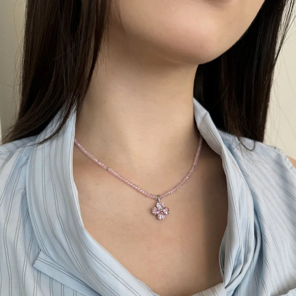 Silver Zircon Heart Cut 4 Leaf Clover Beaded Necklace