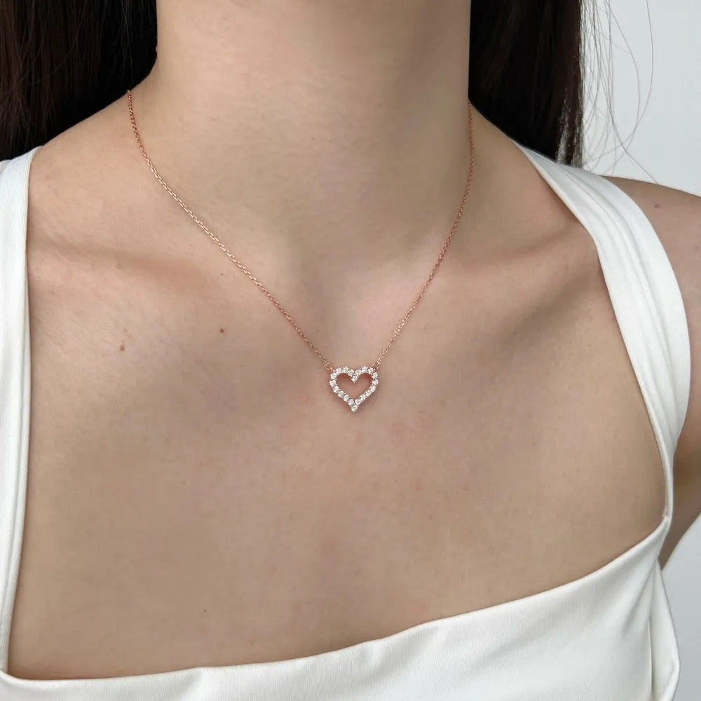 Silver Zircon Round Cut Big Inlaid Halo Heart Pendant Necklace