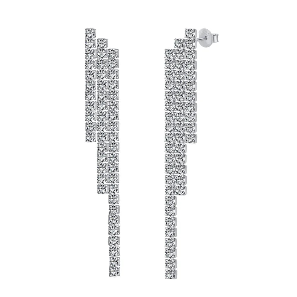 Silver Zircon Round Cut Cubic Tassel Drop Earrings