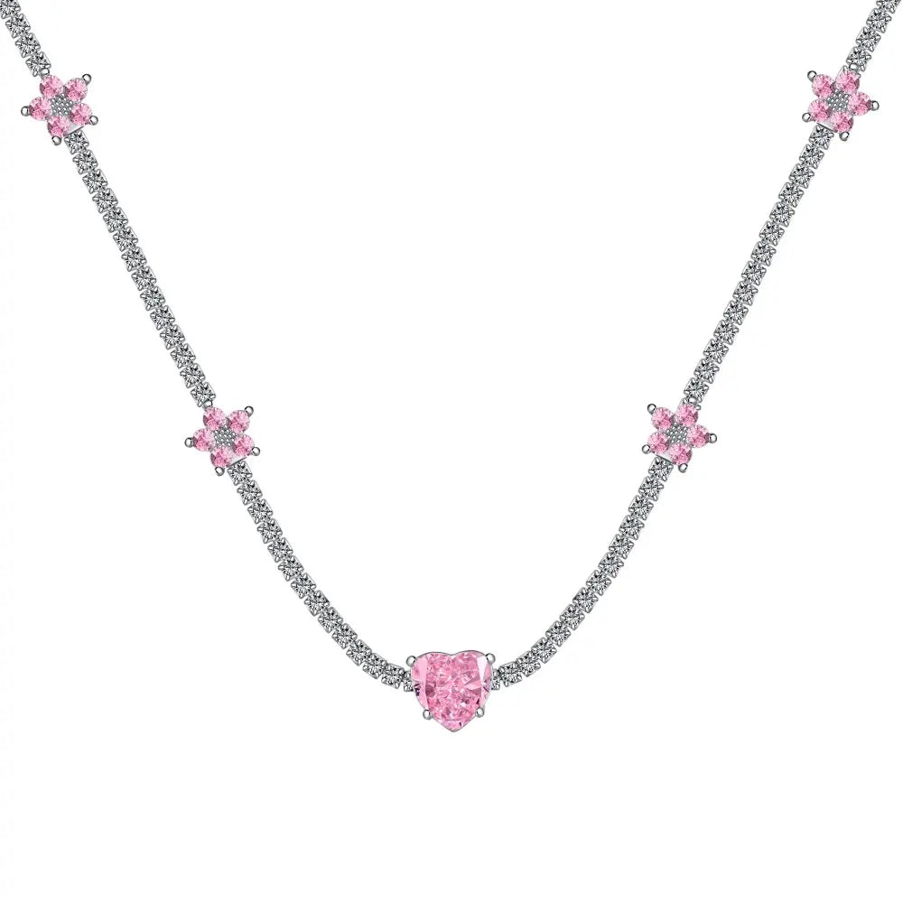Silver Zircon Heart Cut Flower Tennis Necklace