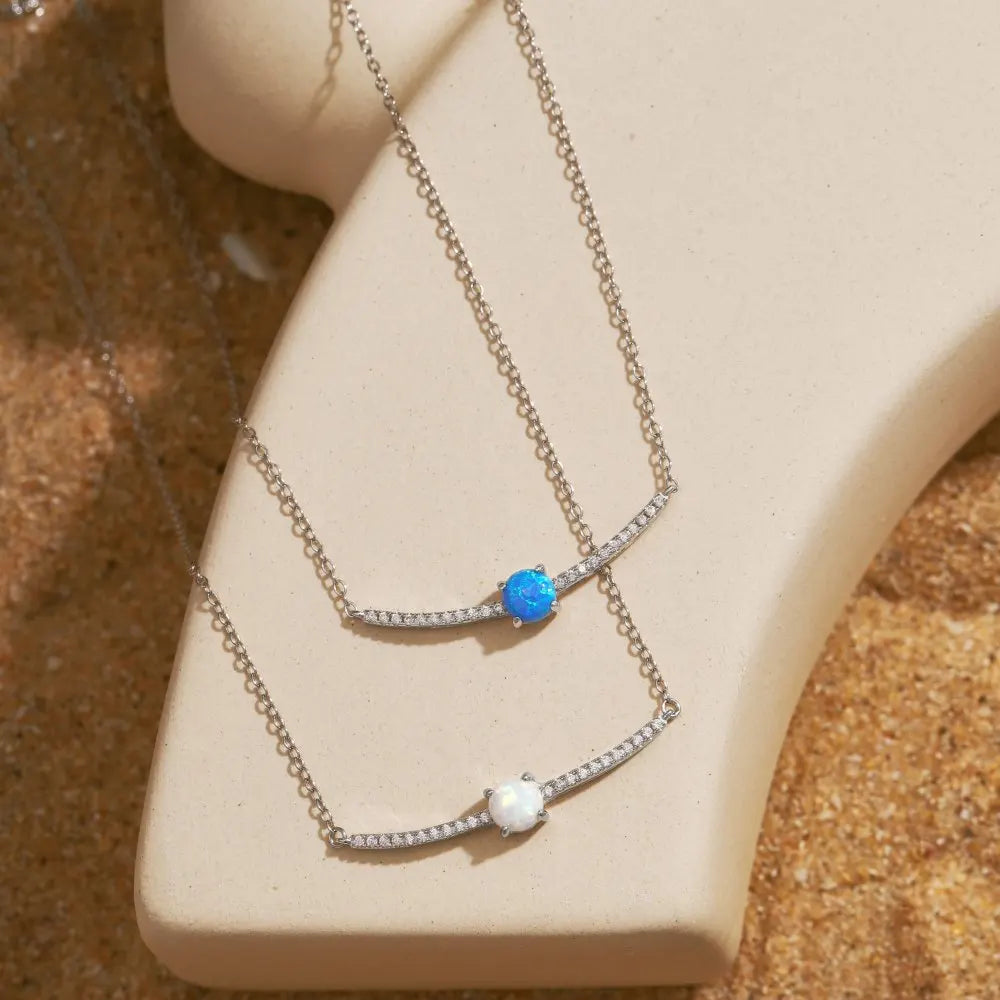 Silver Opal Round Cut Single Bar Necklace
