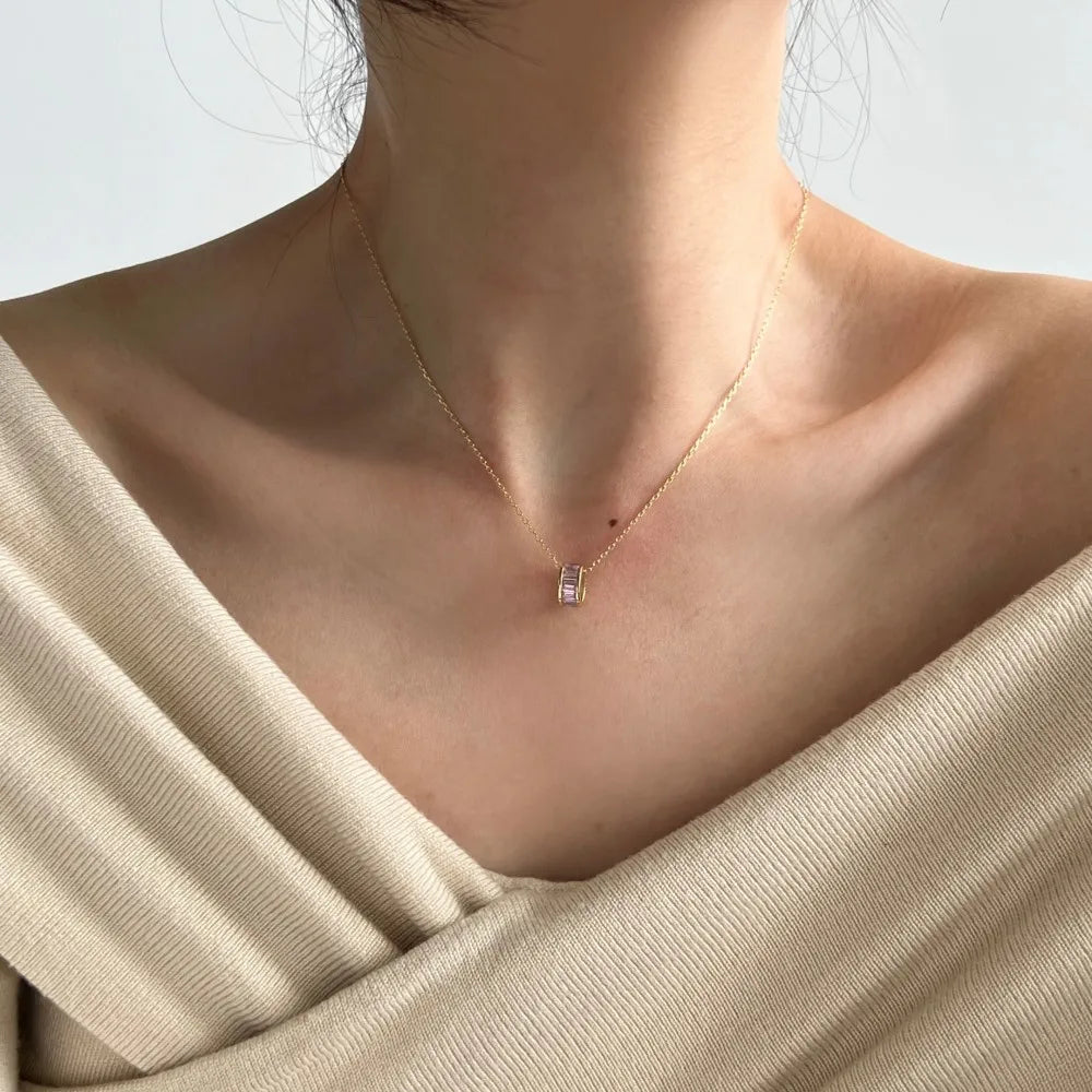 Silver Zircon Baguette Cut Cylinder Pendant Necklace