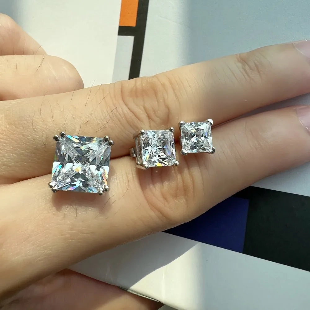 Silver Zircon Princess Cut Cubic Ear Studs