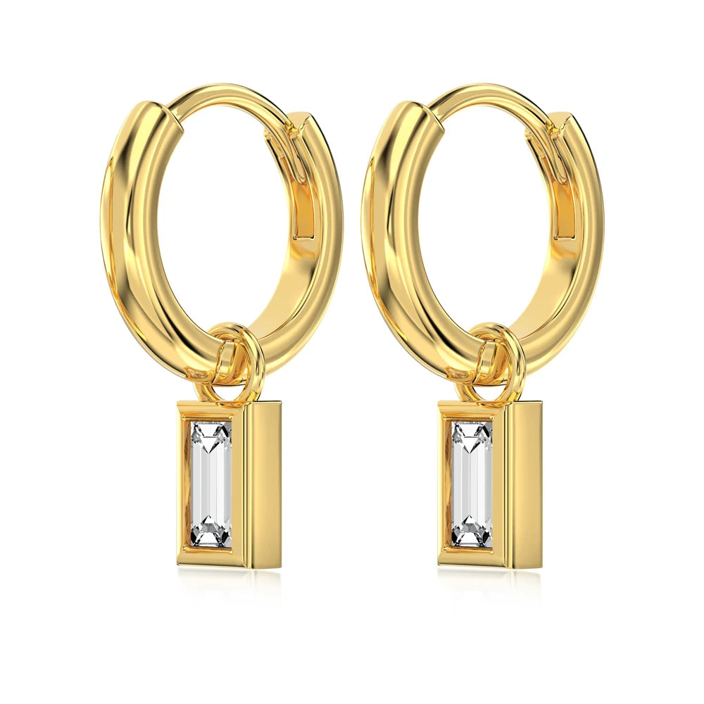 Silver Zircon Baguette Cut Drop Huggie Earrings