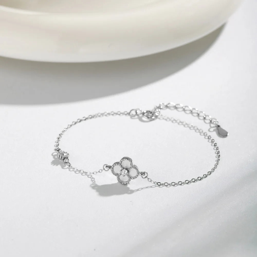Silver Zircon Round Cut Clover Chain Bracelet
