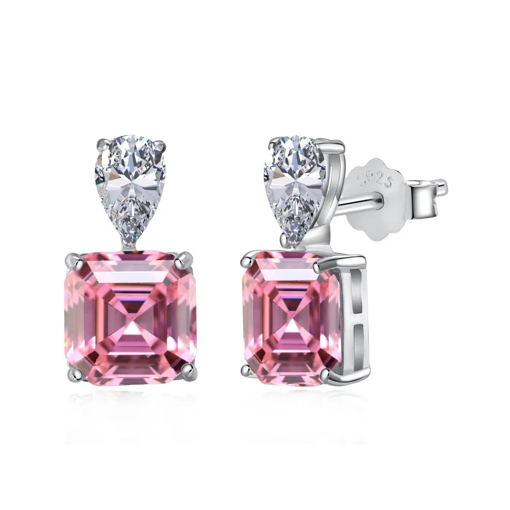 Silver Zircon Emerald Square Cut Squared Tear Ear Studs
