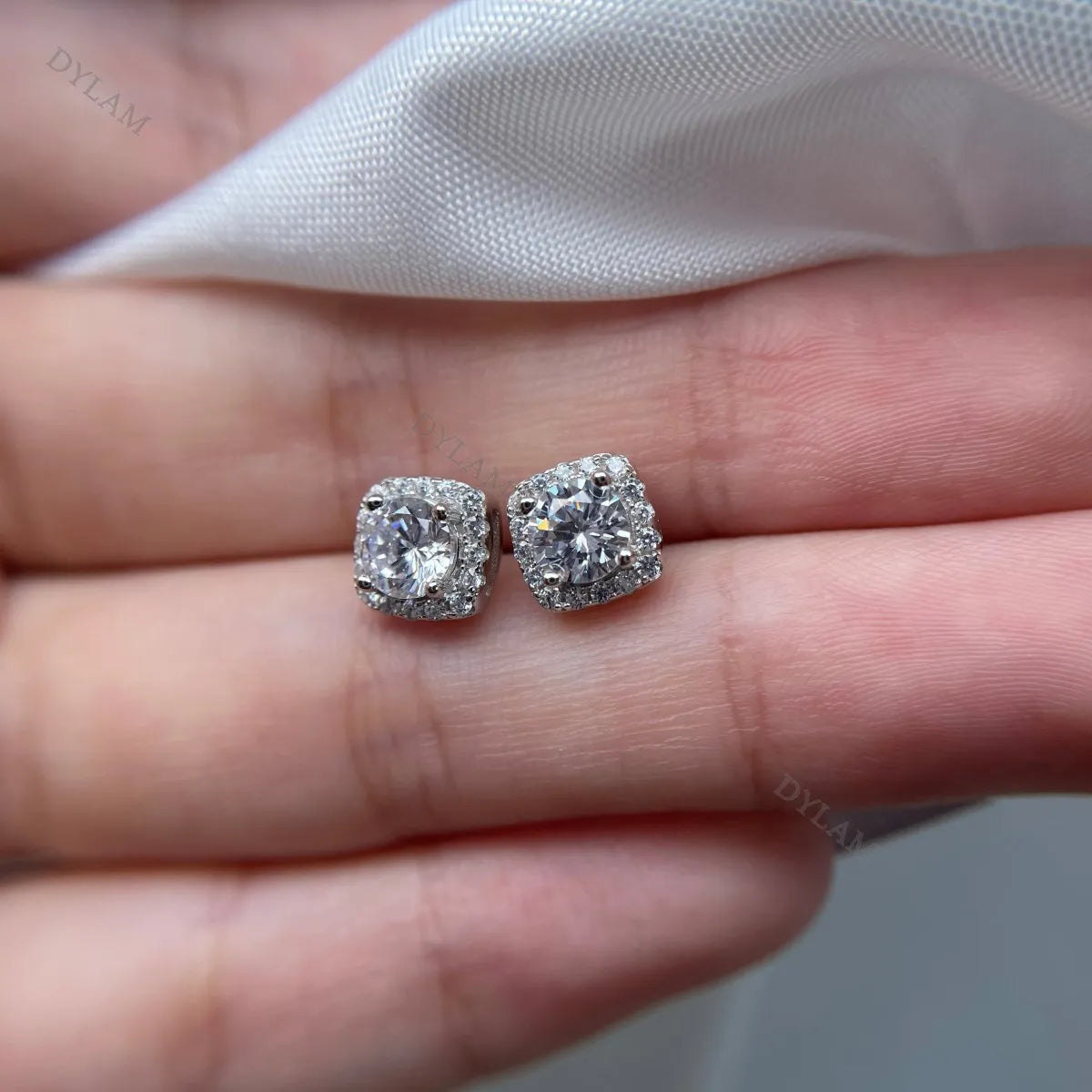 Silver Zircon Round Cut Cushion Ear Studs