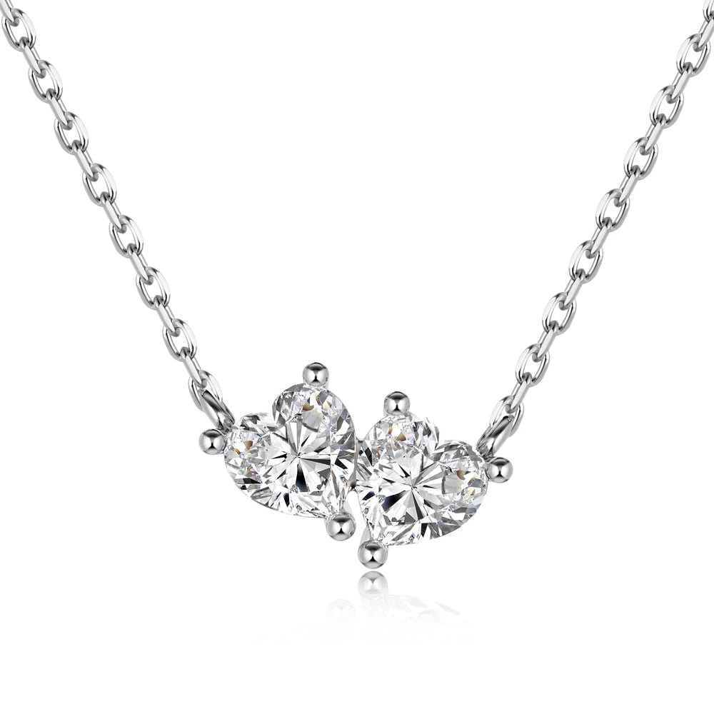 Silver Zircon Heart Cut Toi Et Moi Pendant Necklace