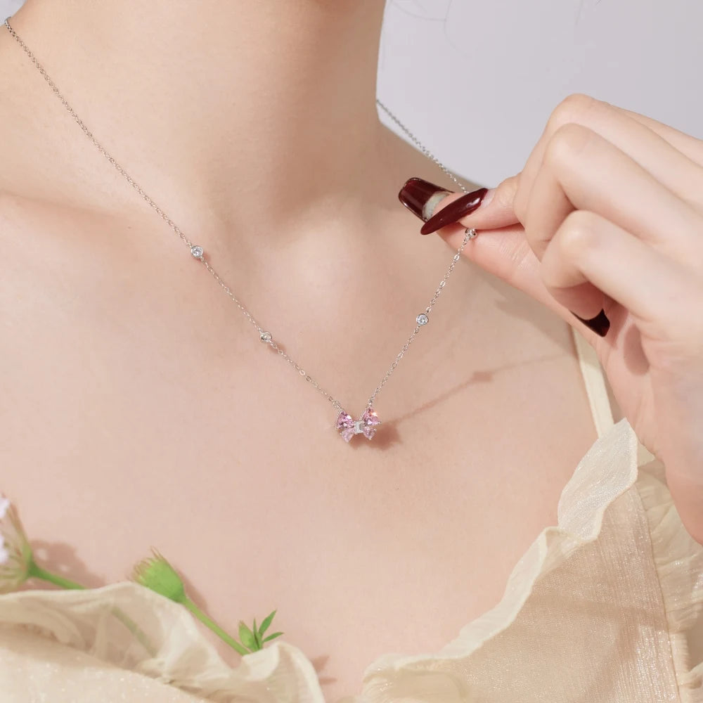 Silver Zircon Trillion Curved Cut Bow Pendant Necklace