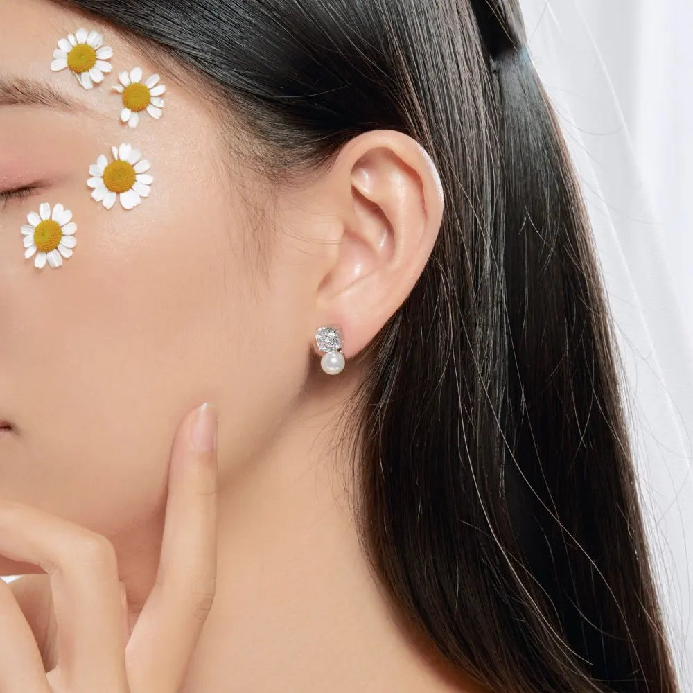 Silver Zircon Cushion Square Cut Stacked Multi Shape Ear Studs