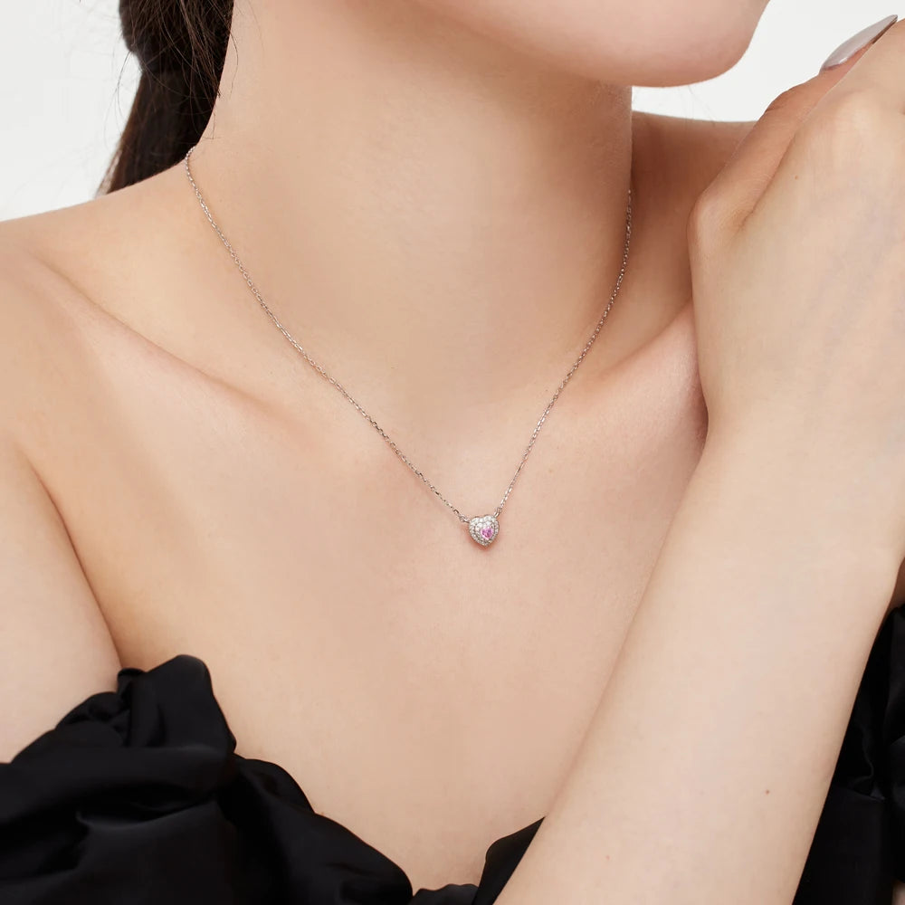 Silver Zircon Heart Cut Iced Heart Pendant Necklace