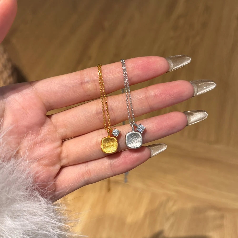 Silver Zircon Round Cut Block Pendant Necklace