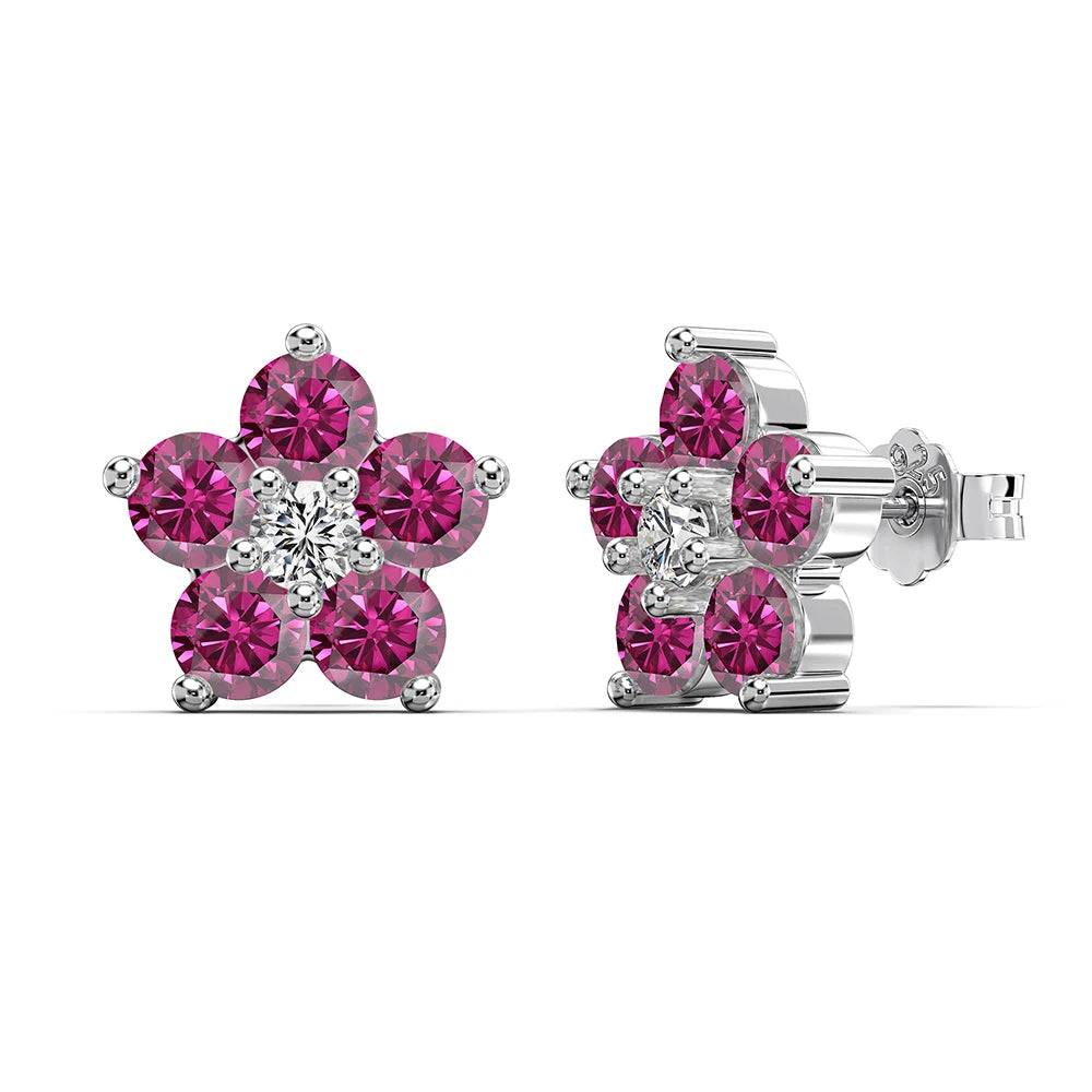 Silver Zircon Round Cut Iced Flower Ear Studs