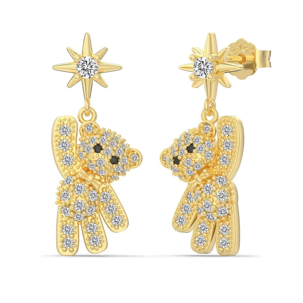Silver Zircon Round Cut Iced Bear Drop Earrings