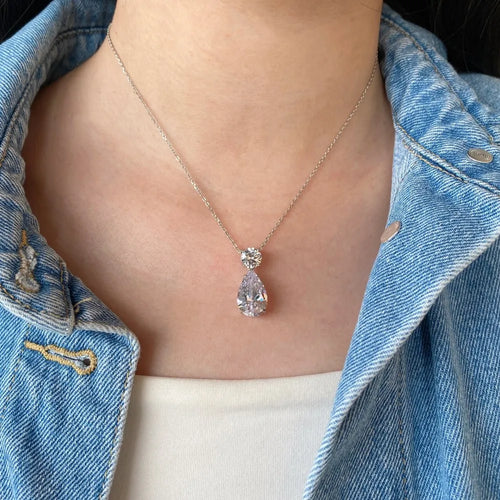 Silver Zircon Pear Cut Stacked Water Drop Pendant Necklace