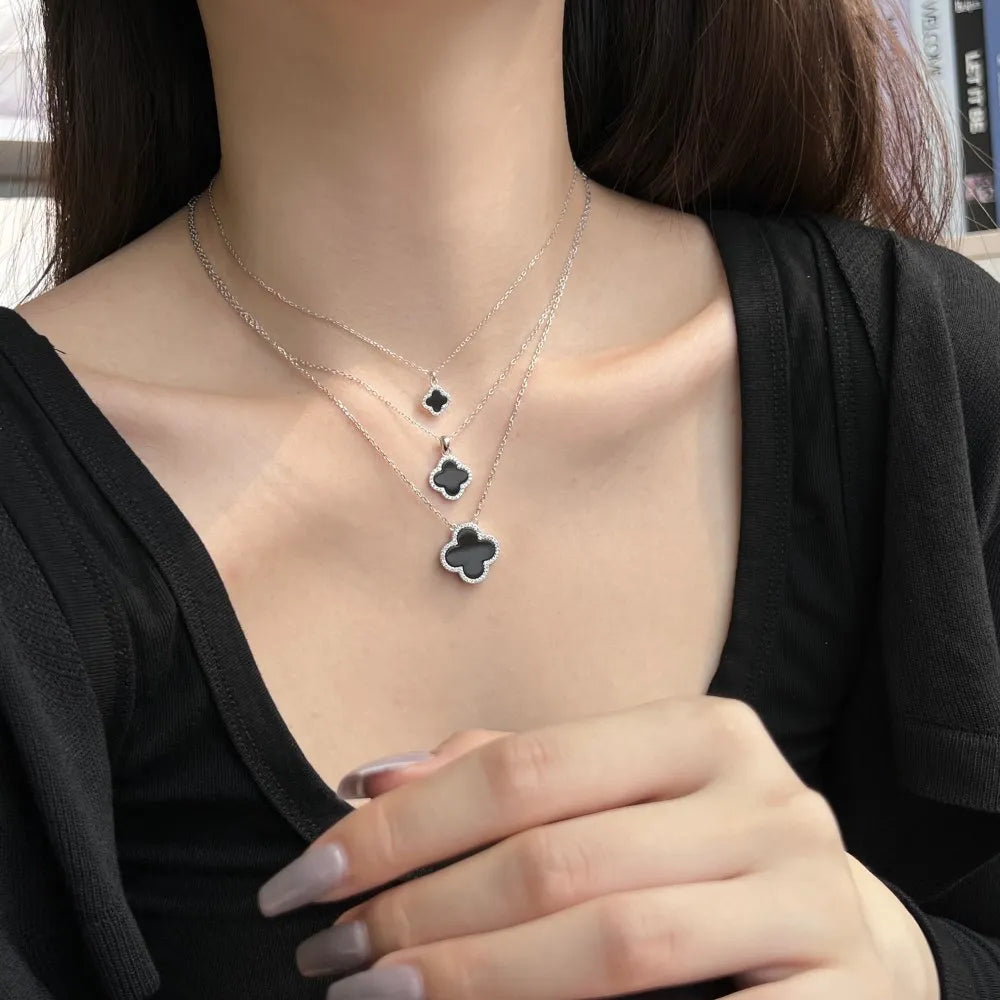 Silver Zircon Round Cut Inlaid Clover Pendant Necklace