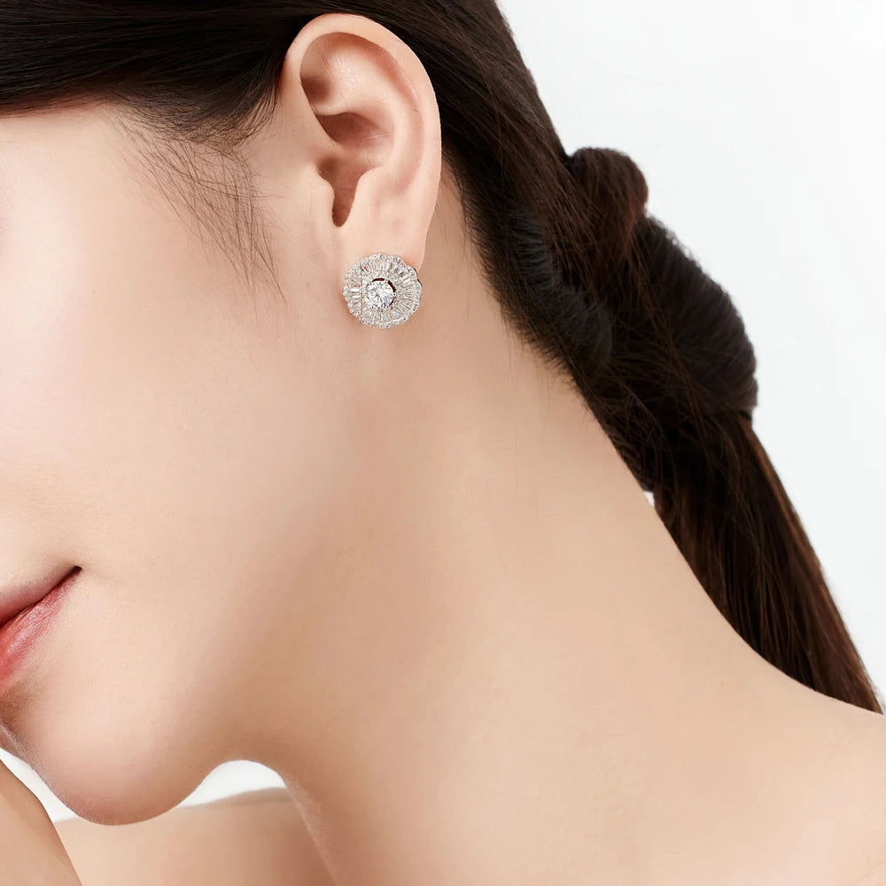Silver Zircon Round Cut Iced Halo Curved Ear Studs
