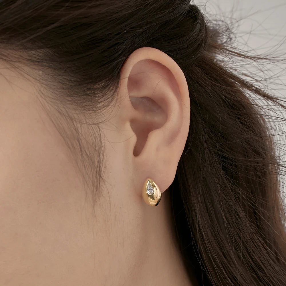 Silver Zircon Pear Cut Curved Water Drop Ear Studs