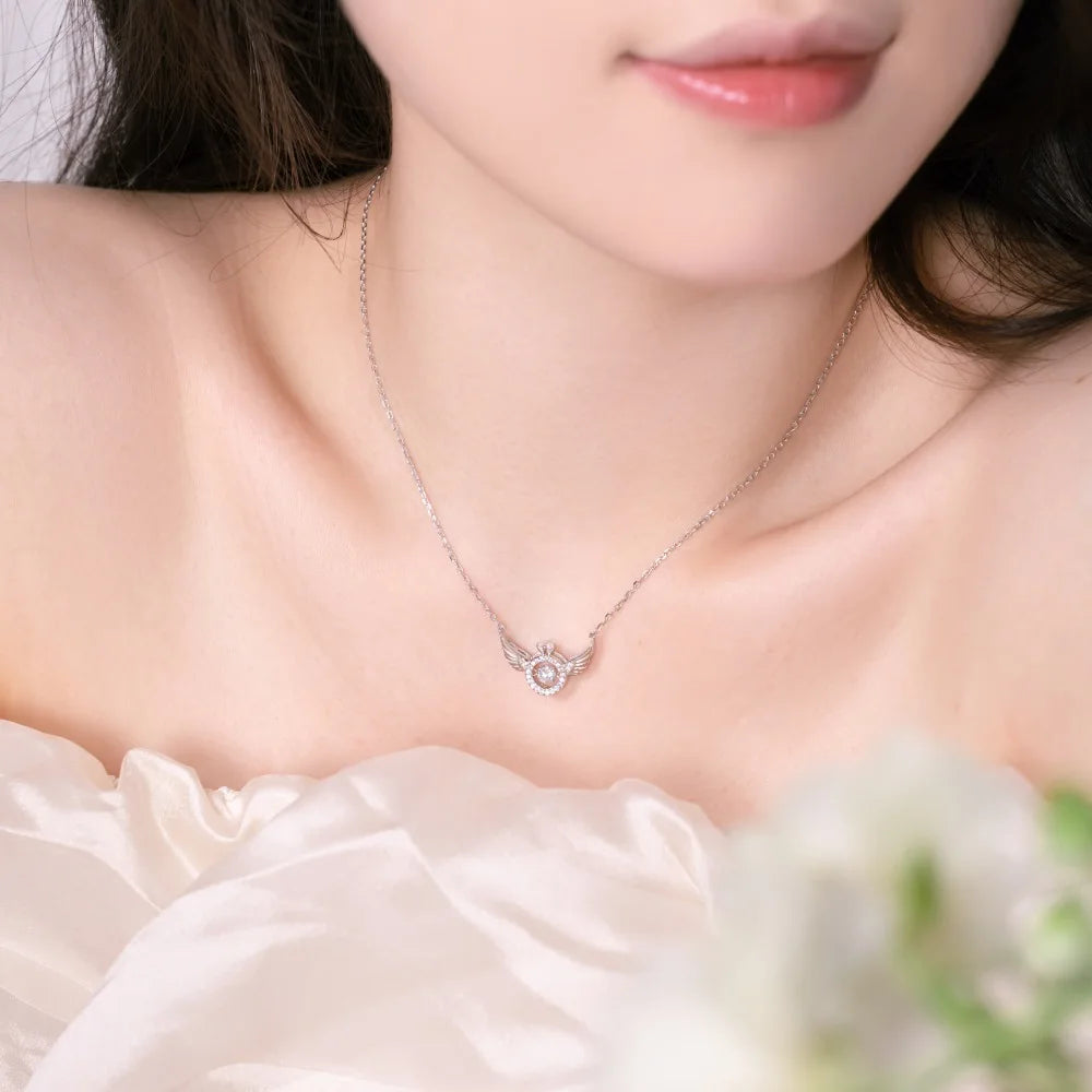 Silver Zircon Round Cut Halo Wings Bar Necklace