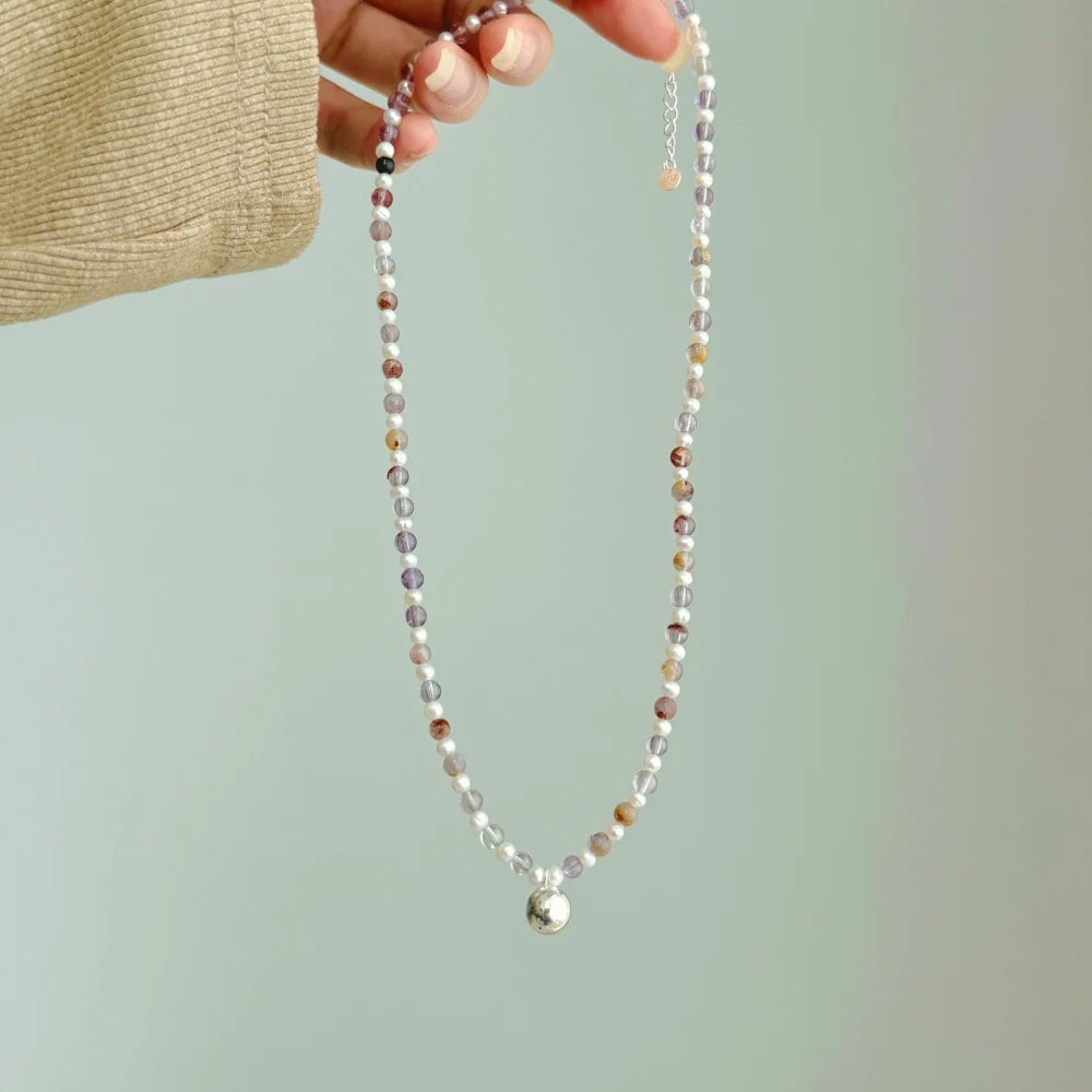 Silver Amethyst Round Cut Classic Beaded Necklace