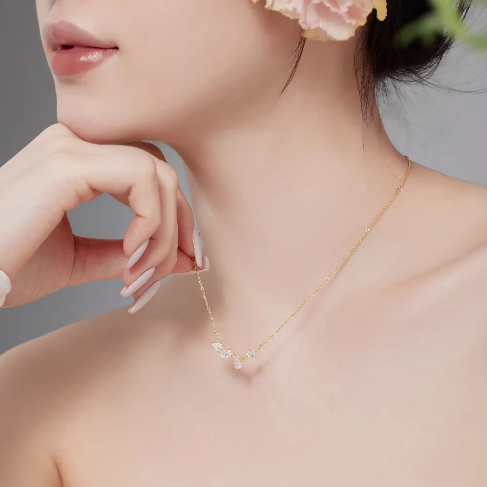 Silver Zircon Baguette Cut Multi Shape Bar Necklace