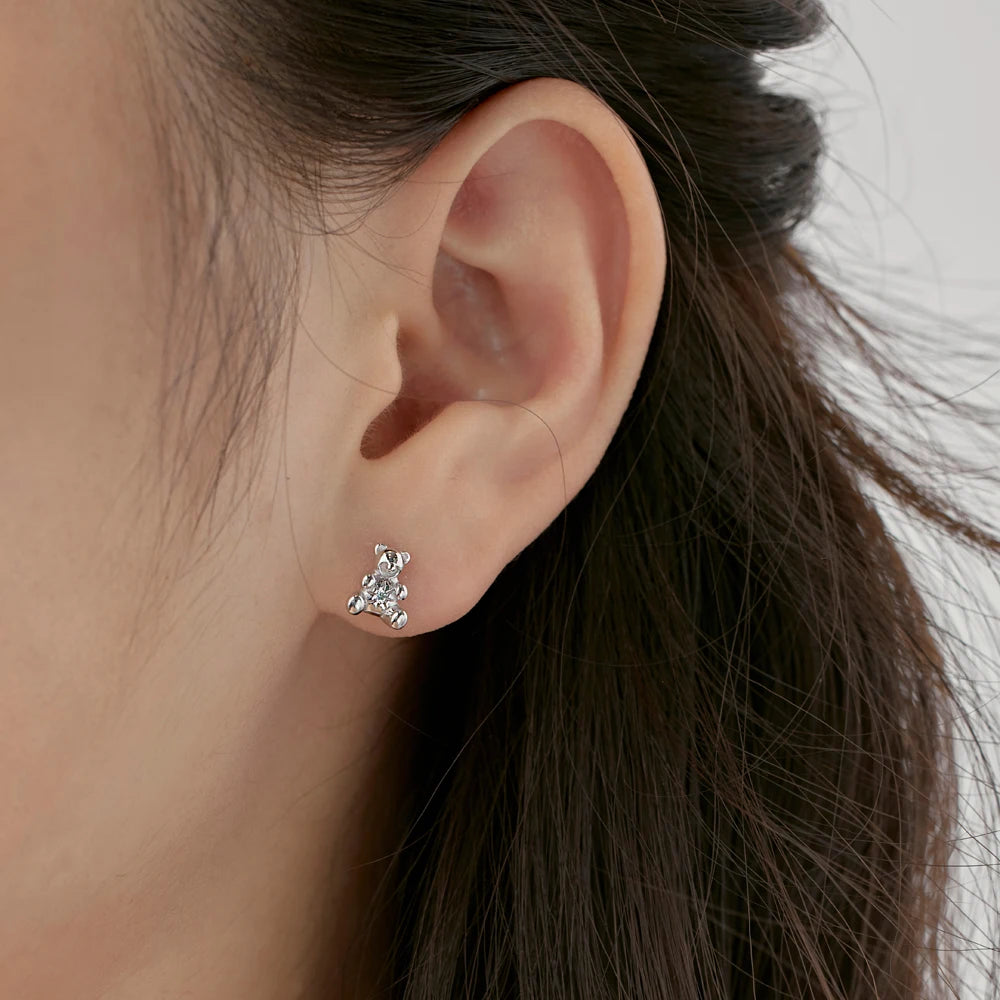 Silver Zircon Round Cut Bear Ear Studs