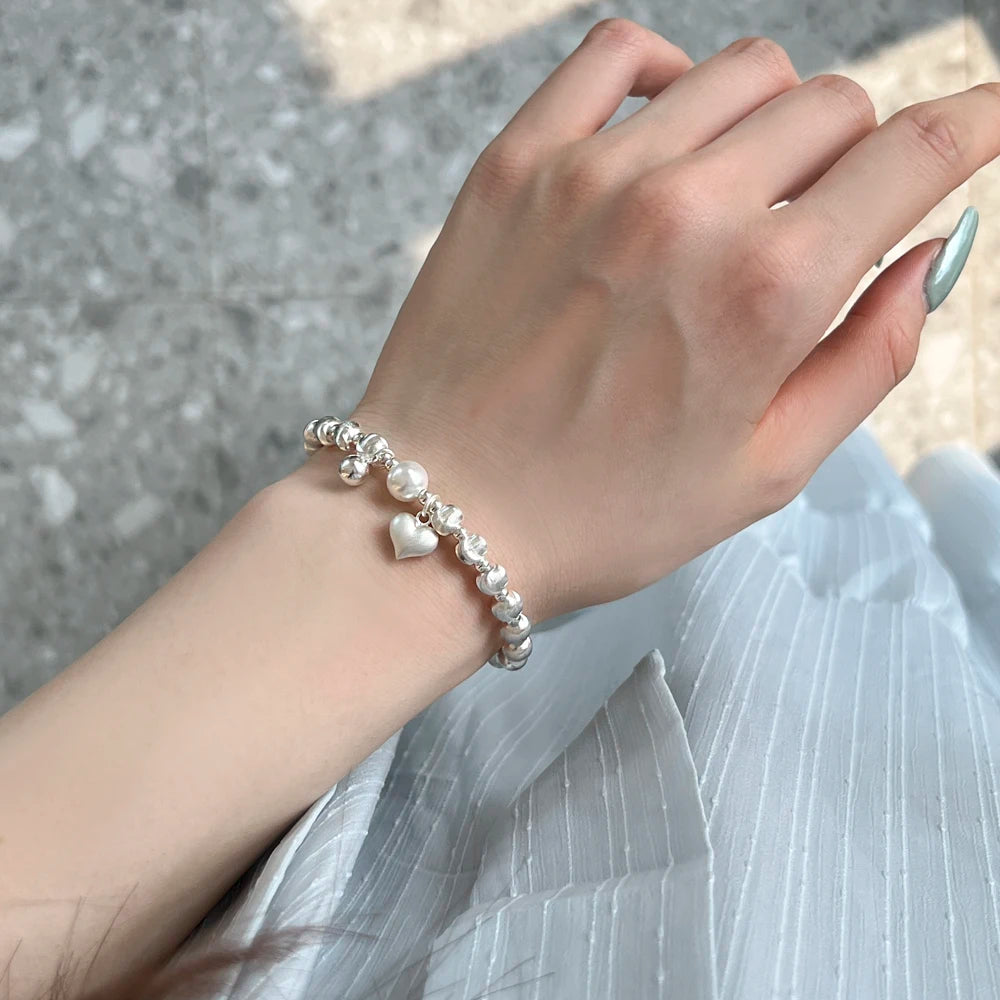 Silver Pearl Heart Bangle Beaded Bracelet