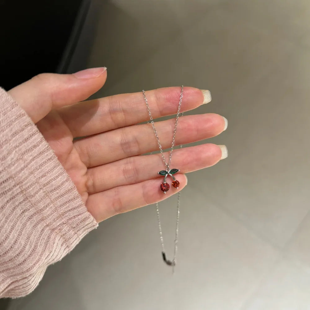 Silver Zircon Round Cut Cherry Pendant Necklace