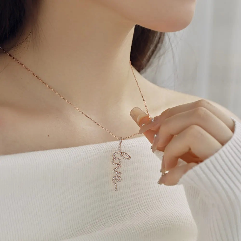 Silver Zircon Round Cut Inlaid Love Bar Necklace