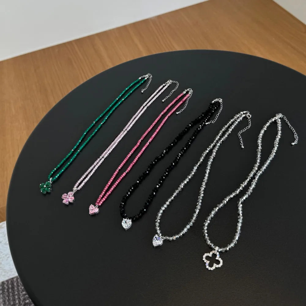 Silver Zircon Heart Cut Double Layer Beaded Necklace