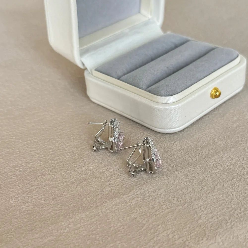 Silver Zircon Radiant Cut Halo Stacked Ear Studs