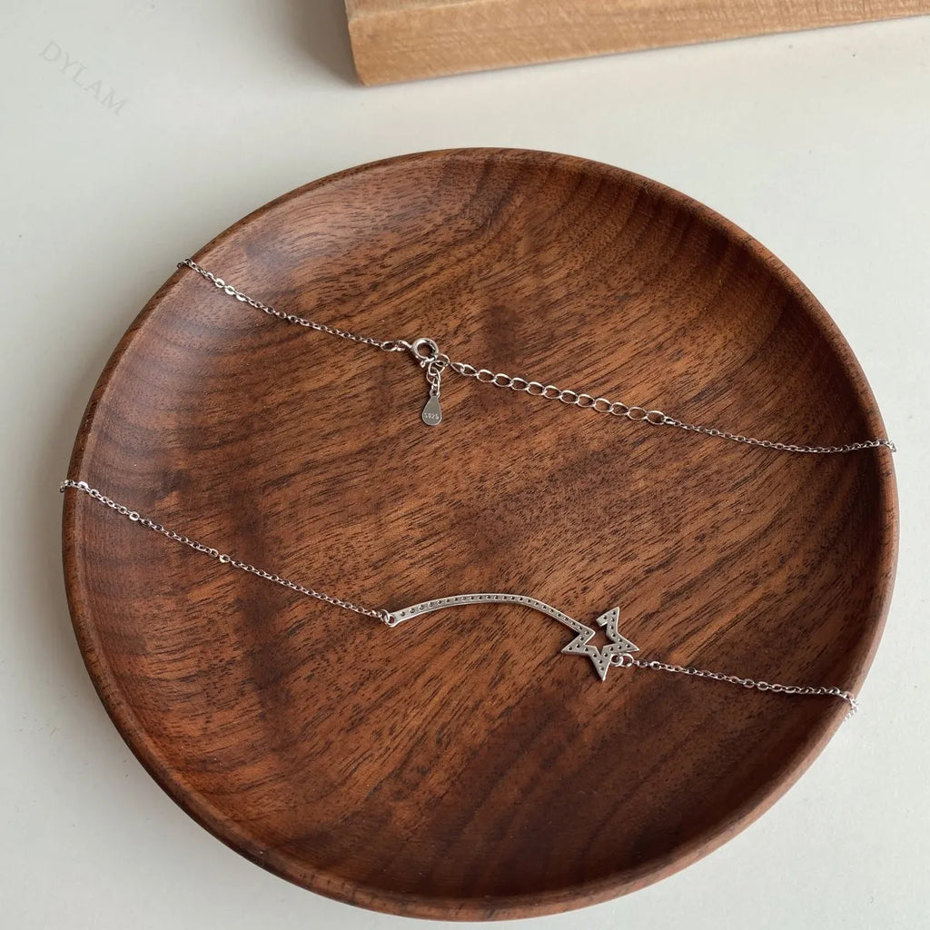 Silver Zircon Round Cut Star Bar Necklace