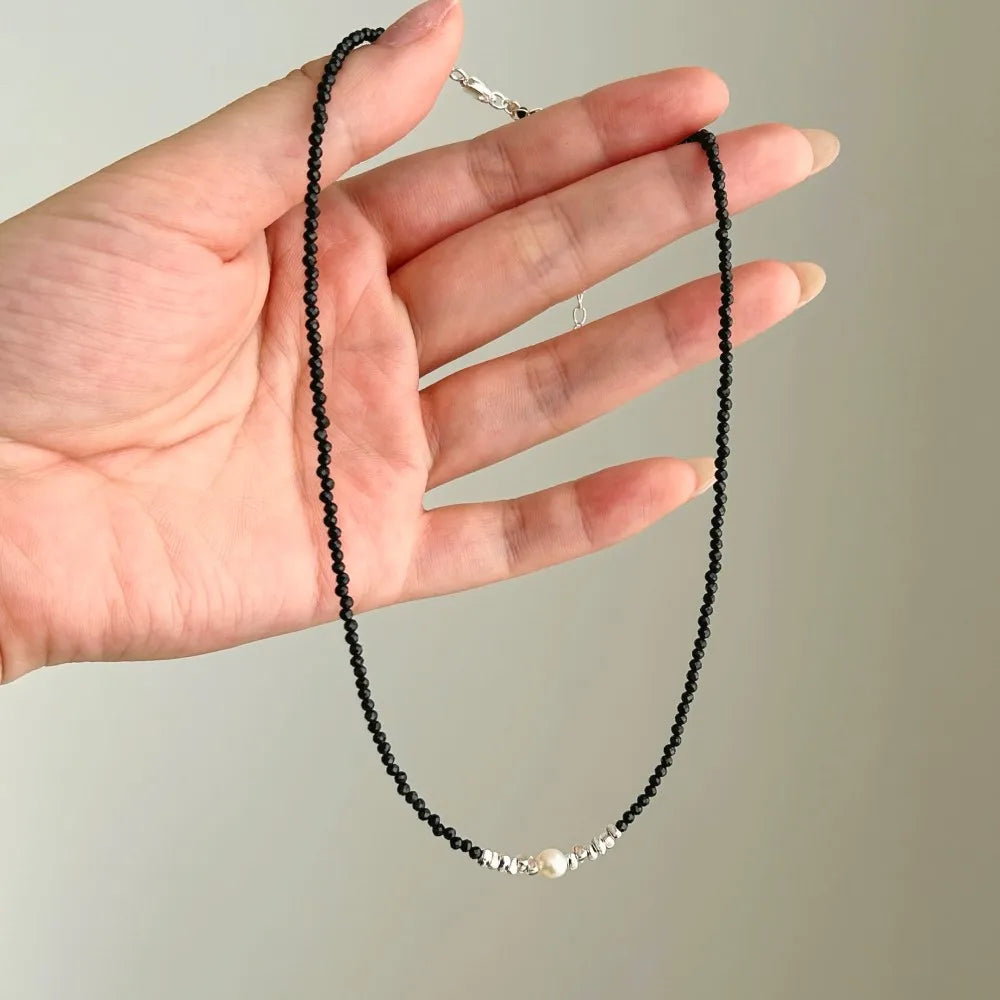 Silver Onyx Round Cut Simple Beaded Necklace