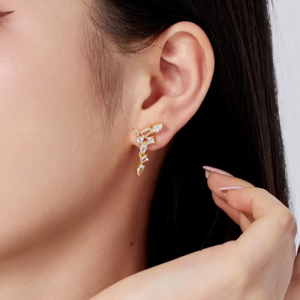 Silver Zircon Pear Cut Geometric Tassel Drop Earrings