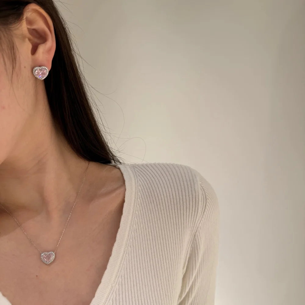 Silver Zircon Heart Cut Inlaid Halo Pendant Necklace