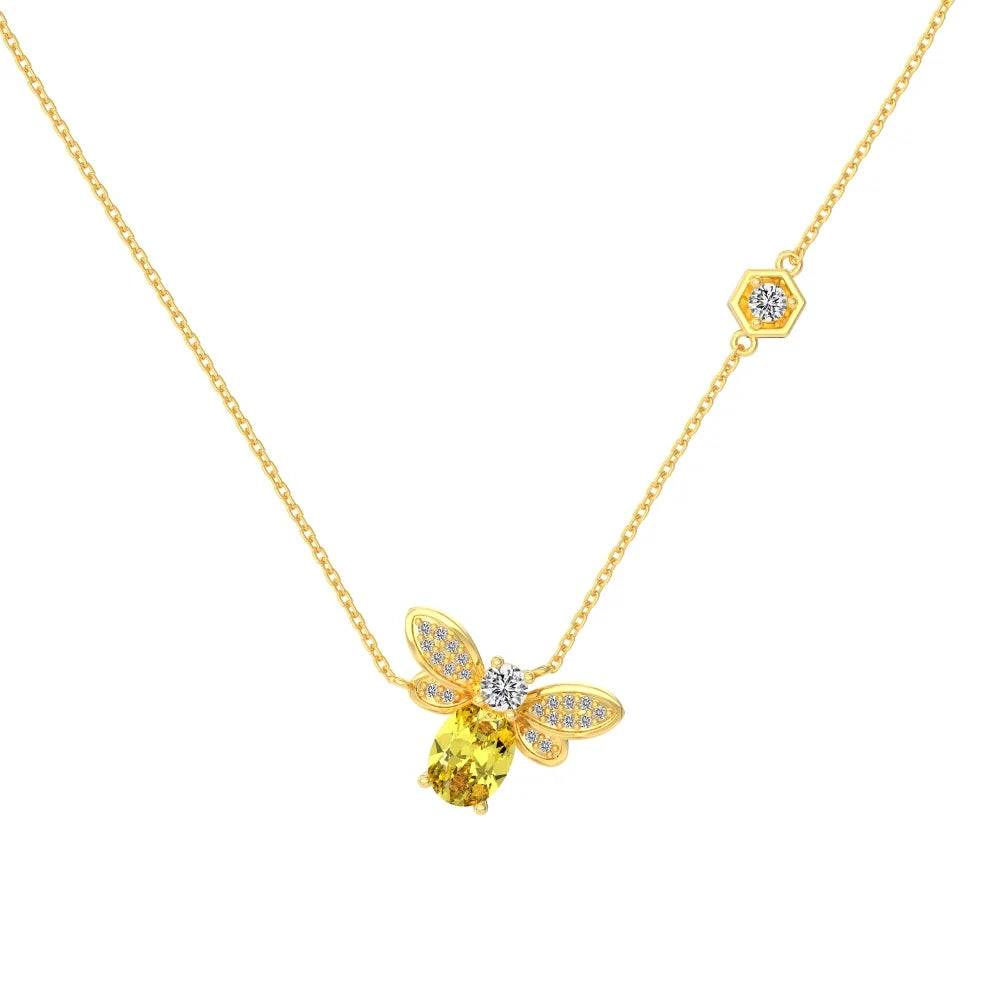 Silver Zircon Oval Cut Bee Pendant Necklace