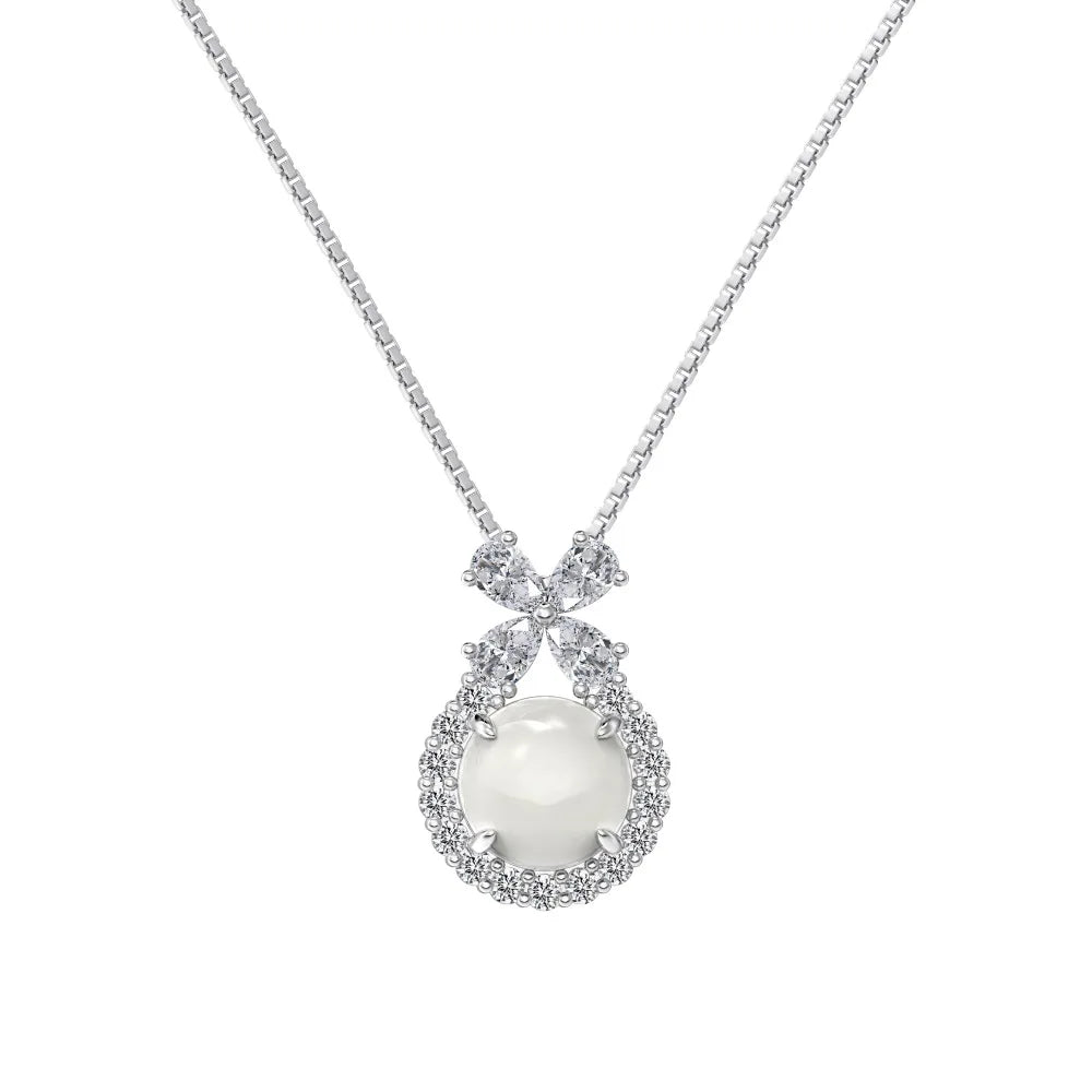 Silver Jade Cut Bow Pendant Necklace