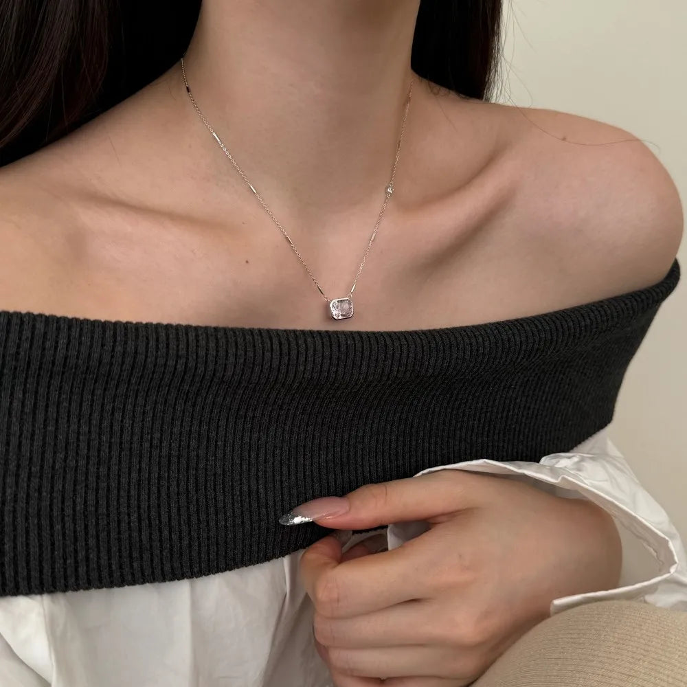 Silver Zircon Radiant Cut Brushed Single Pendant Necklace