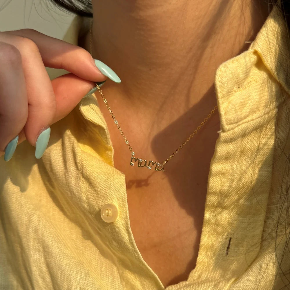 Silver Zircon Round Cut Mama Bar Necklace