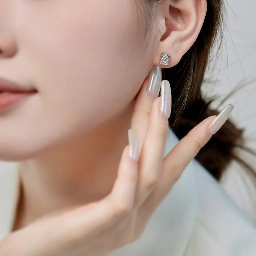 Silver Zircon Radiant Cut Squared Ear Studs